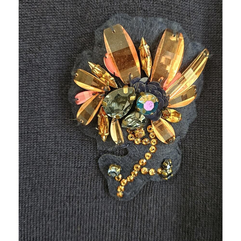 J. CREW Women M Cardigan Sweater 100% Merino Wool Navy Buttons Beaded Brooch 36" - Picture 4 of 8